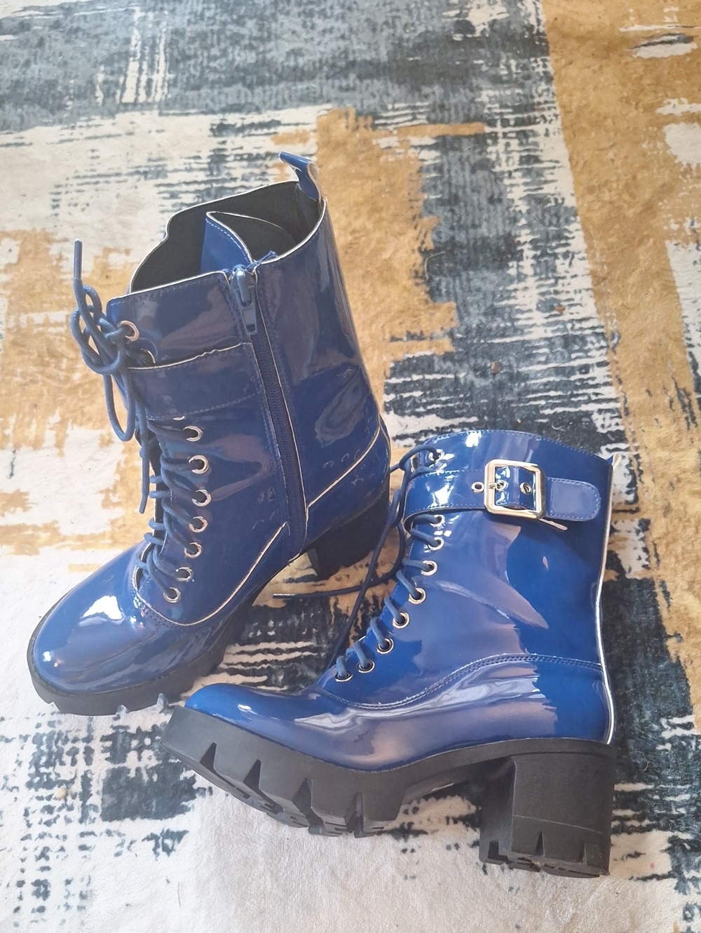 Amazon Patent Blue Lace-Up Chunky Heel Combat Boots